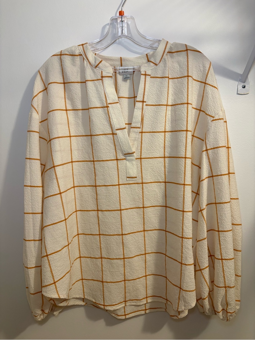 Boho striped Plaid Top Cream Tan Neck Long Sleeve XL